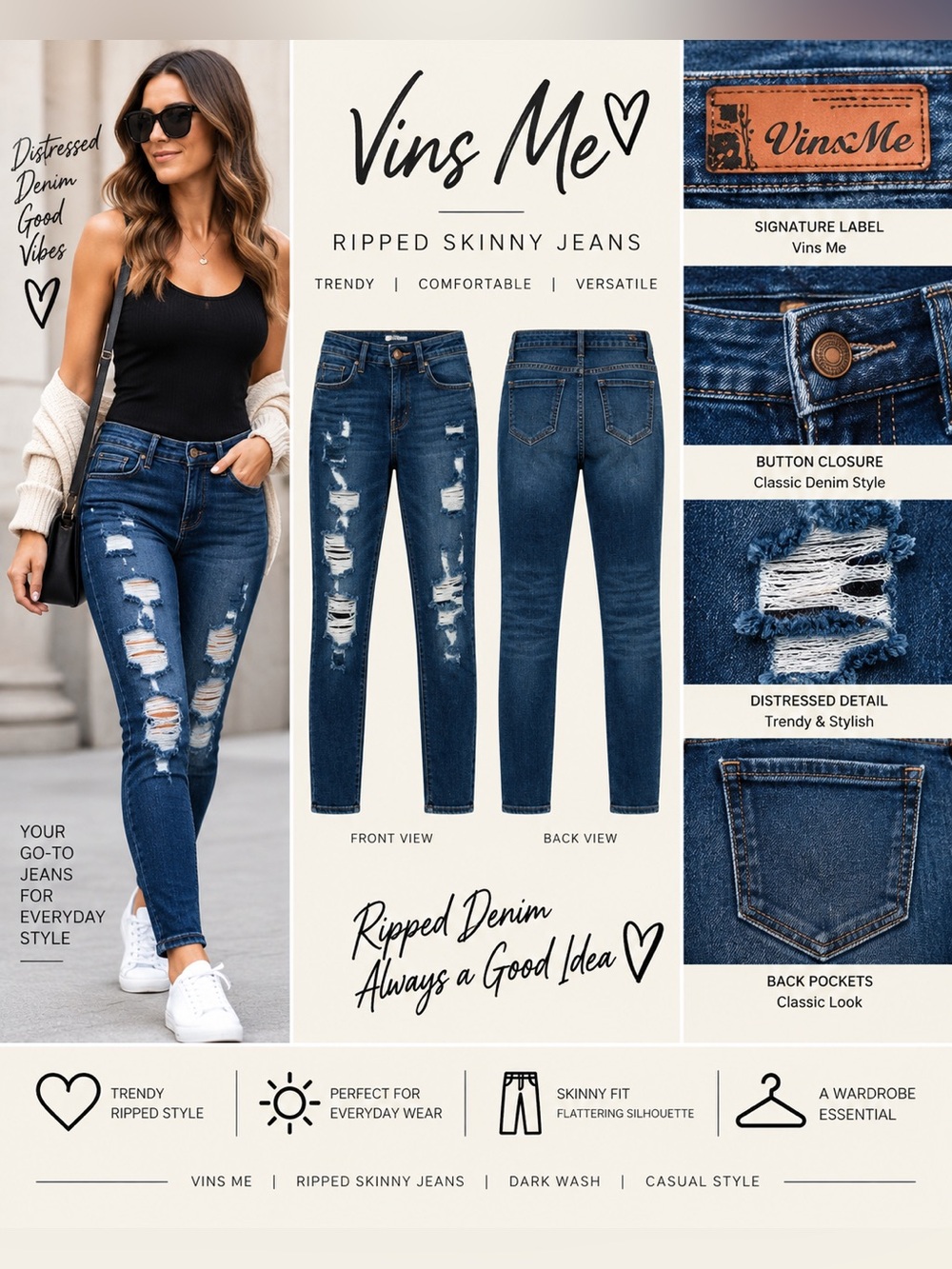Vins Me ripped dark jeans